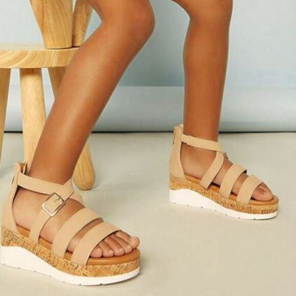 GIRLS OPEN TOE CORK  MULTI STRAP SANDALS - Picture 1 of 13